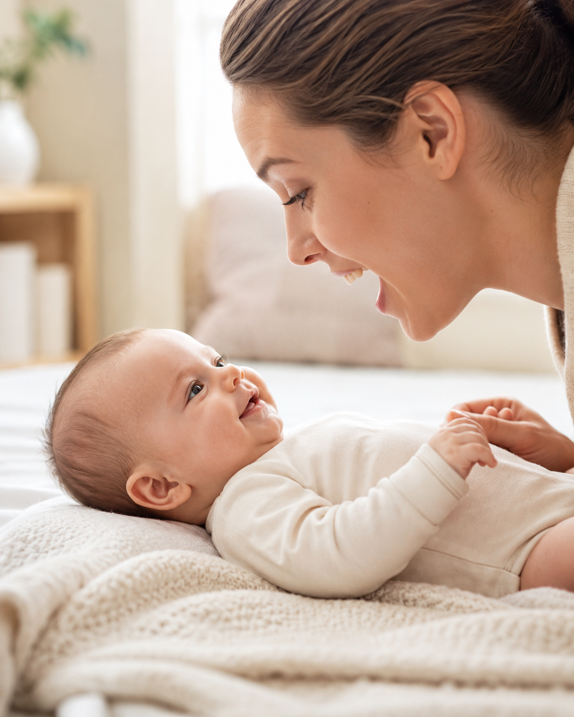 Mama i uśmiechnięte niemowlę patrzące sobie w oczy podczas zabawy twarzą w twarz