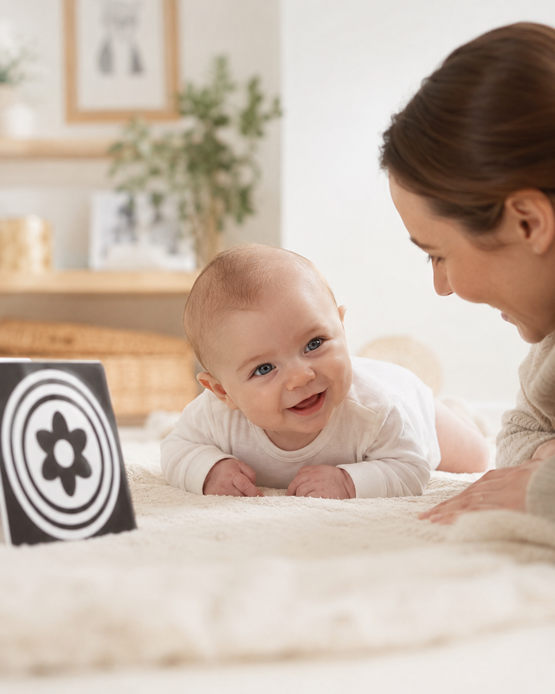 Niemowlę na brzuszku patrzy na czarno-białą kartę kontrastową, mama obok
