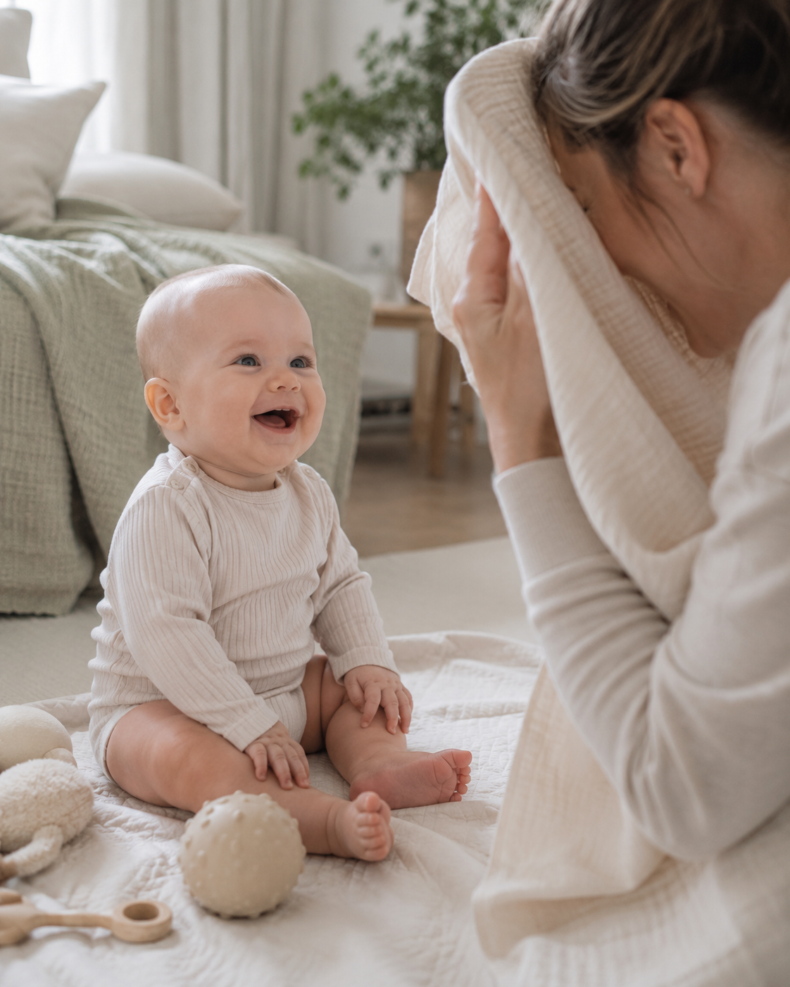 Mama bawi się z niemowlęciem w a kuku z pieluszką